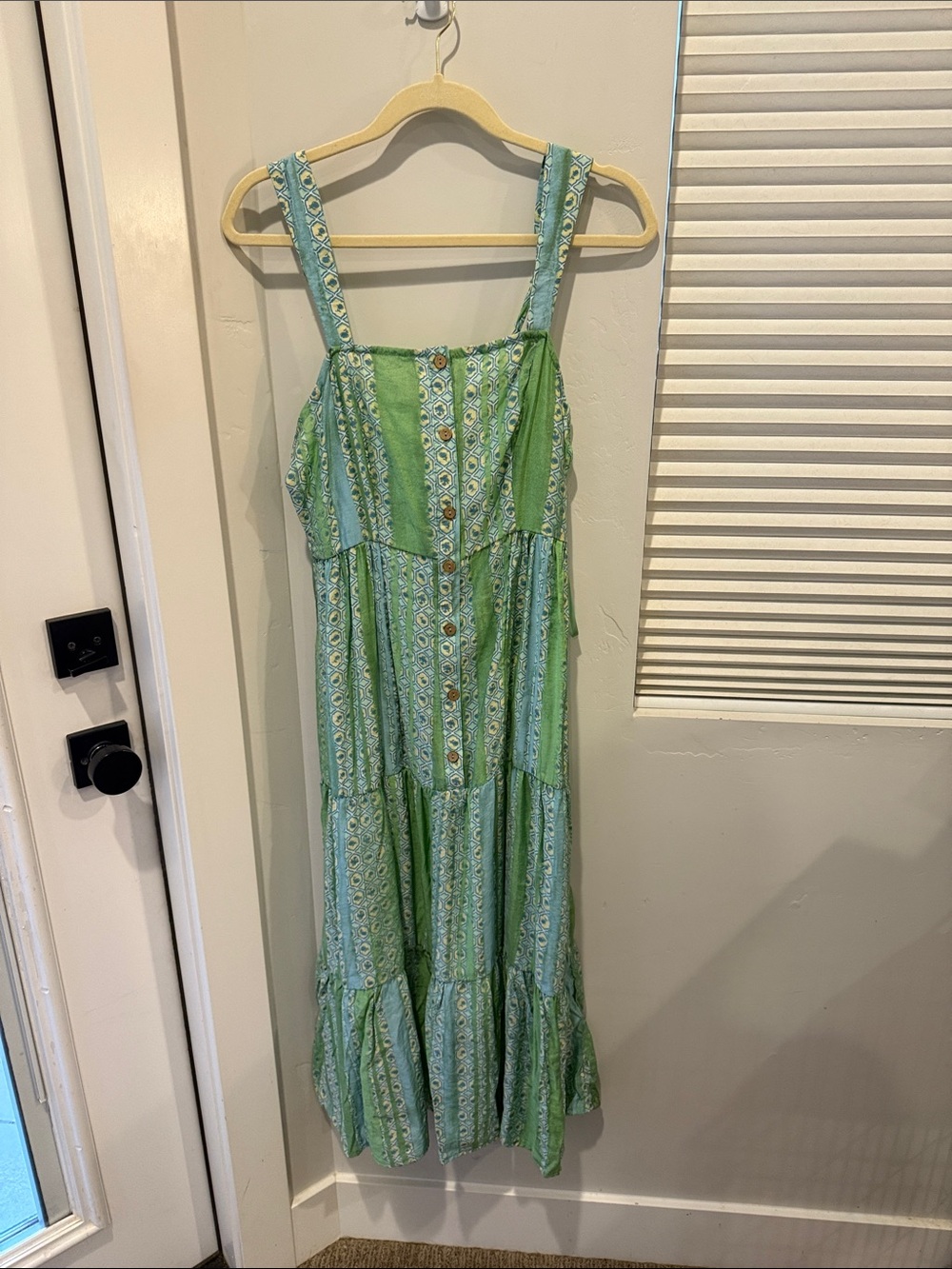 Very J Green and Light Blue Patterned Tiered Maxi Dress